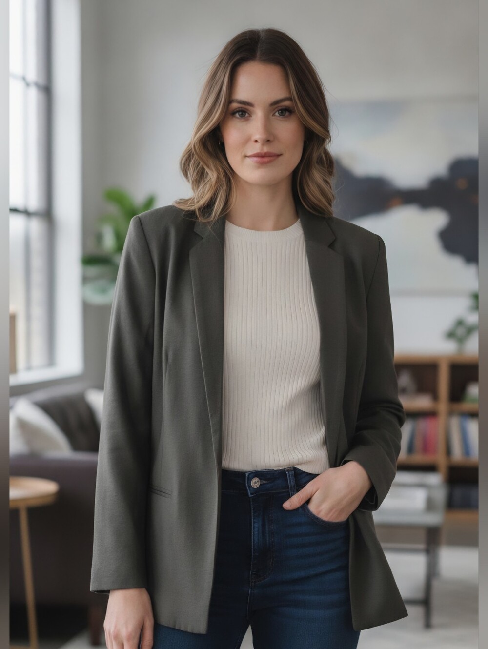 LC Lauren Conrad Olive-Grey Open Blazer